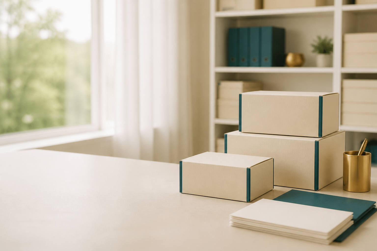 Organized ivory cartons and teal documents in a refined distribution workspace